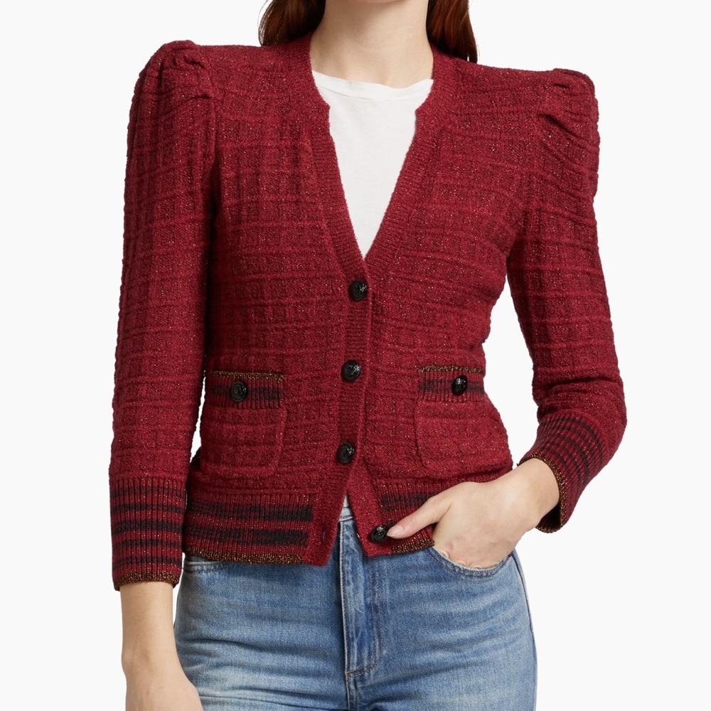 L'Agence Jenni Waffle Knit Puff Sleeve Cardigan Burgundy Syrah